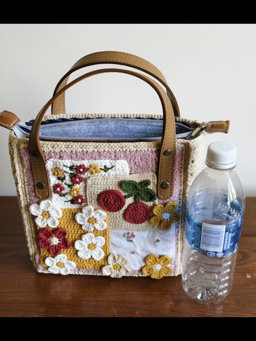Handmade Crochet Floral Patchwork Tote Bag - Pink, Cream & Mustard - Picture 7 of 10